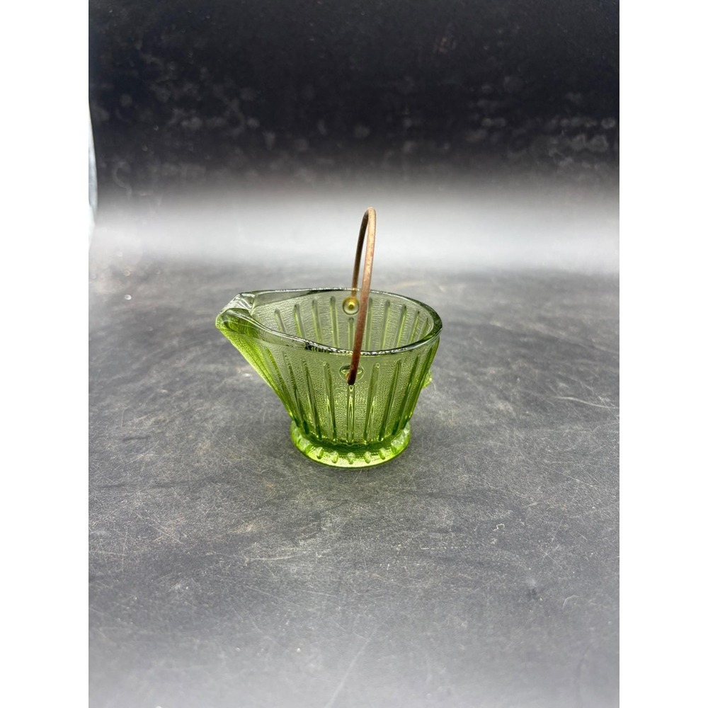 Vintage Green Glass Coal Scuttle Bucket Miniature Toothpick Holder Ribbed Design